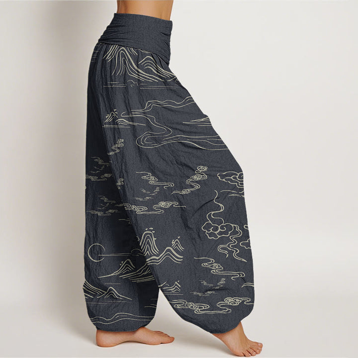 Buddha Stones Mountain Moon Auspicious Clouds Pattern Women's Elastic Waist Harem Pants