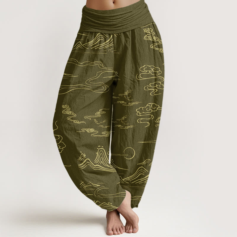 Buddha Stones Mountain Moon Auspicious Clouds Pattern Women's Elastic Waist Harem Pants