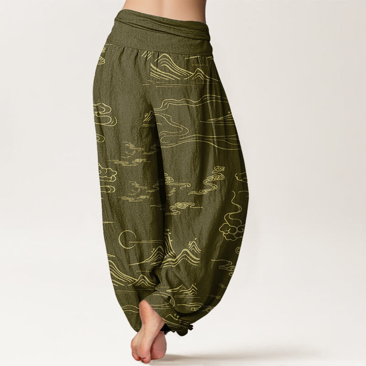 Buddha Stones Cotton Mountain Moon Auspicious Clouds Pattern Women's Elastic Waist Harem Pants - image 6