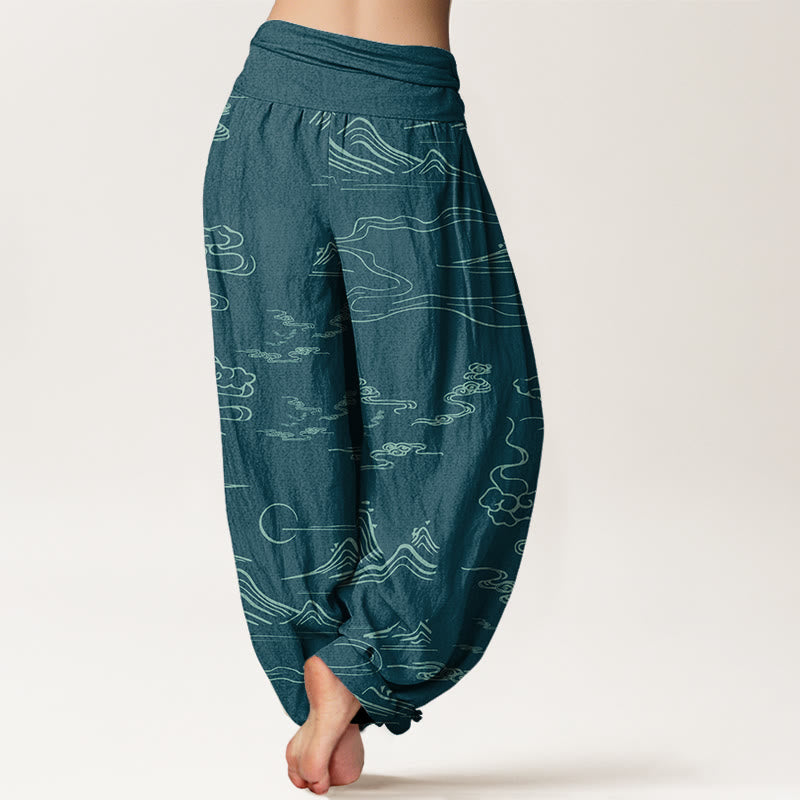 Buddha Stones Cotton Mountain Moon Auspicious Clouds Pattern Women's Elastic Waist Harem Pants - image 15