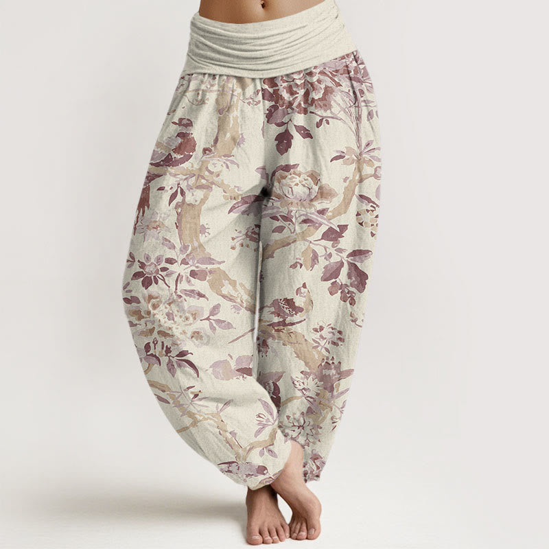 Buddha Stones Birds Branches Flowers Pattern Women's Elastic Waist Harem Pants - LightYellow - US22，UK/AU26，EU54 (6XL) - image 5