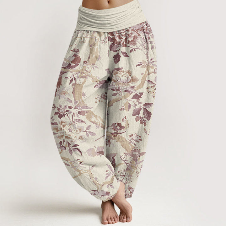 Buddha Stones Birds Branches Flowers Pattern Women's Elastic Waist Harem Pants