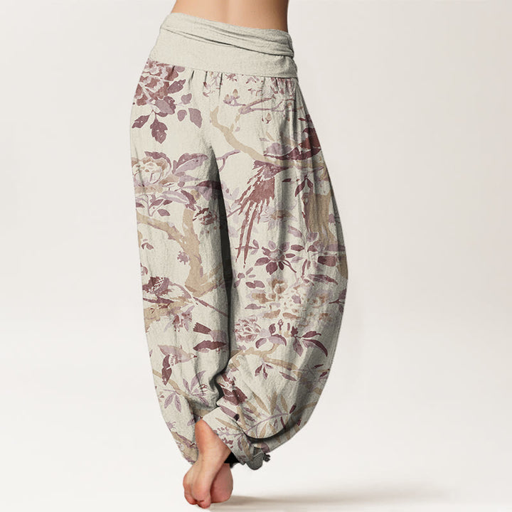 Buddha Stones Birds Branches Flowers Pattern Women's Elastic Waist Harem Pants