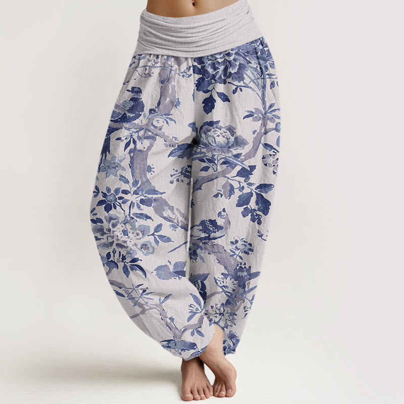 Buddha Stones Cotton Birds Branches Flowers Pattern Women's Elastic Waist Harem Pants - Gainsboro - US22，UK/AU26，EU54 (6XL) - image 7