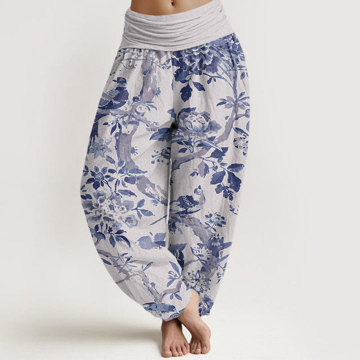 Buddha Stones Cotton Birds Branches Flowers Pattern Women's Elastic Waist Harem Pants - Gainsboro - US22，UK/AU26，EU54 (6XL) - image 7