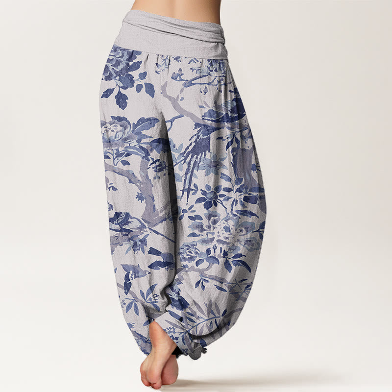 Buddha Stones Cotton Birds Branches Flowers Pattern Women's Elastic Waist Harem Pants - image 6