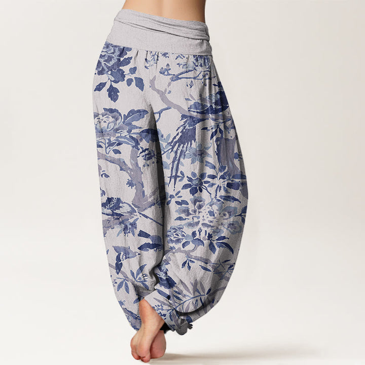 Buddha Stones Cotton Birds Branches Flowers Pattern Women's Elastic Waist Harem Pants - image 6