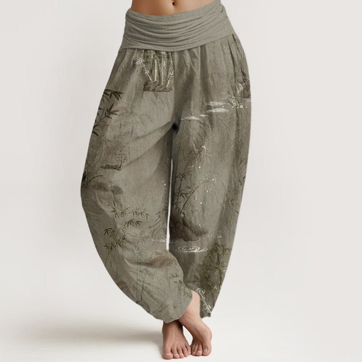 Buddha Stones Casual Bamboo Rock Ink Painting Women's Elastic Waist Harem Pants