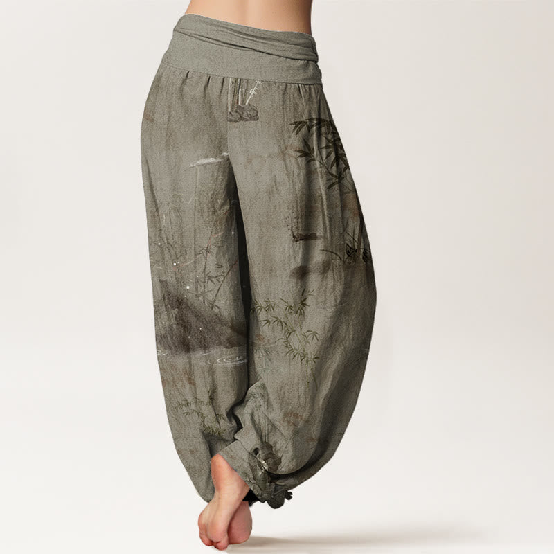 Buddha Stones Casual Bamboo Rock Ink Painting Women's Elastic Waist Harem Pants - image 7