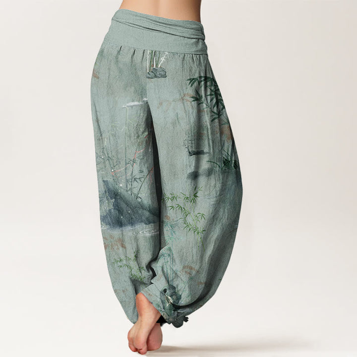 Buddha Stones Cotton Casual Bamboo Rock Ink Painting Women's Elastic Waist Harem Pants - image 9