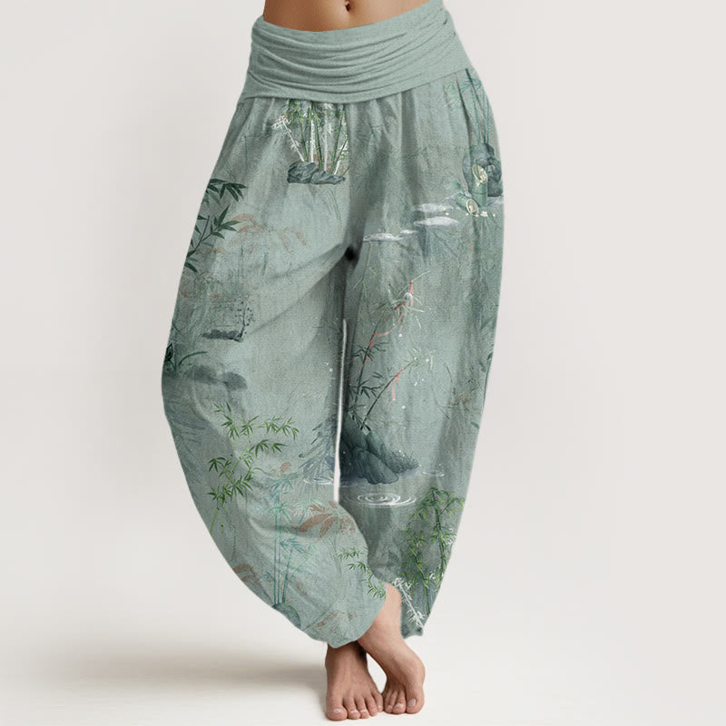 Buddha Stones Casual Bamboo Rock Ink Painting Women's Elastic Waist Harem Pants - DarkSeaGreen - US22，UK/AU26，EU54 (6XL) - image 8