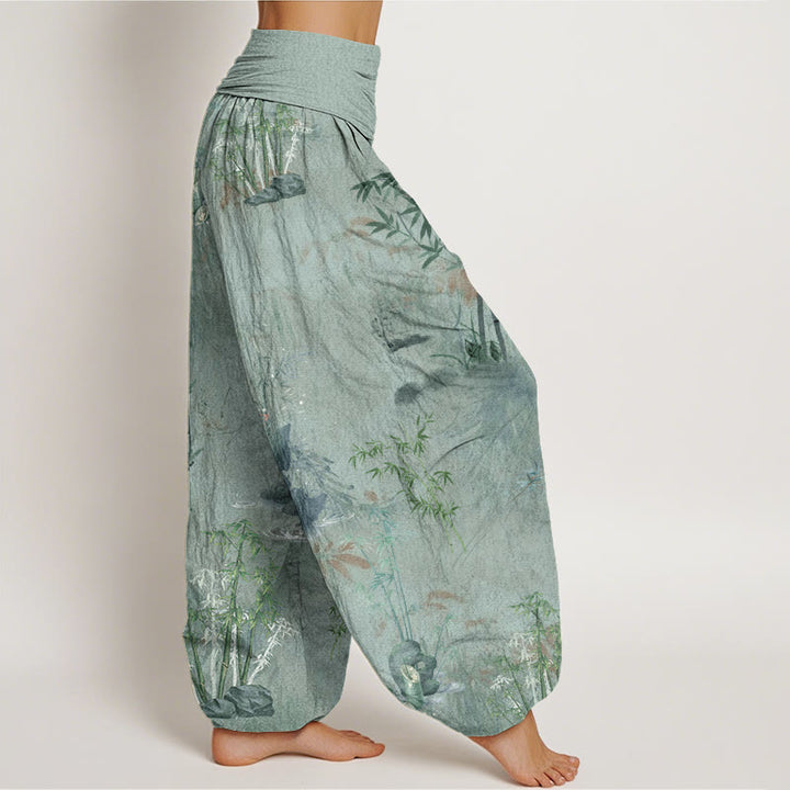 Buddha Stones Casual Bamboo Rock Ink Painting Women's Elastic Waist Harem Pants