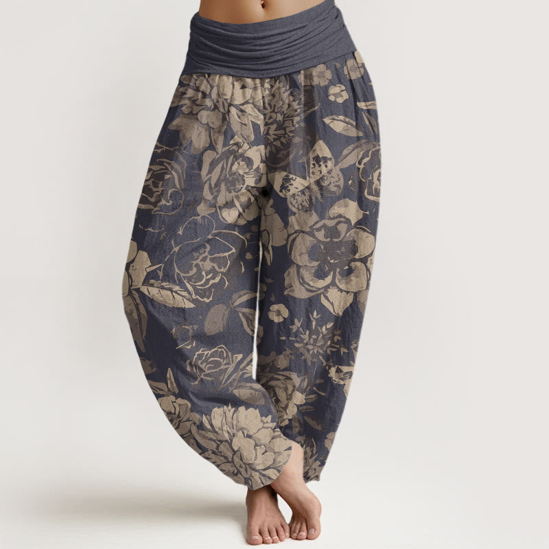 Buddha Stones Cotton Casual Peony Flowers Leaves Women's Elastic Waist Harem Pants - DimGray - US22，UK/AU26，EU54 (6XL) - image 0