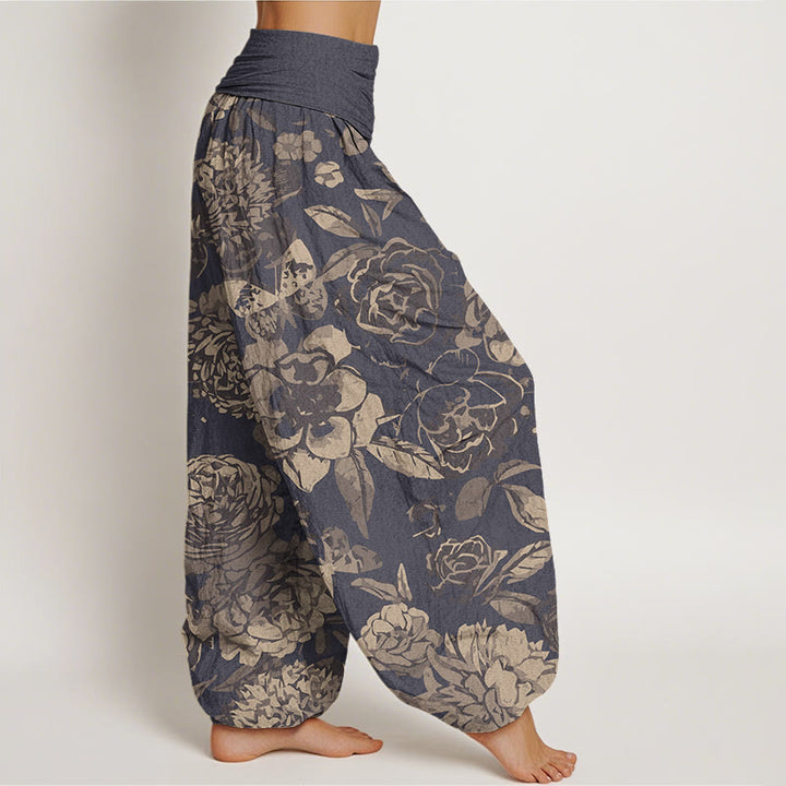 Buddha Stones Casual Peony Flowers Leaves Women's Elastic Waist Harem Pants