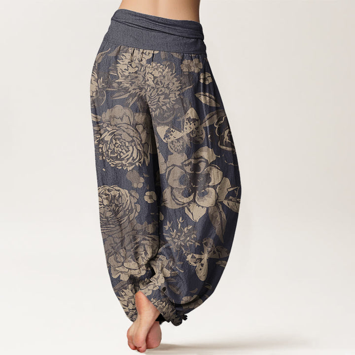 Buddha Stones Casual Peony Flowers Leaves Women's Elastic Waist Harem Pants