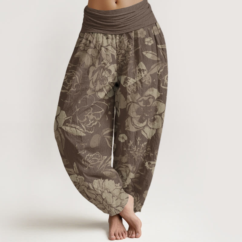 Buddha Stones Cotton Casual Peony Flowers Leaves Women's Elastic Waist Harem Pants - Tan - US22，UK/AU26，EU54 (6XL) - image 4