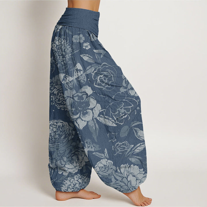 Buddha Stones Casual Peony Flowers Leaves Women's Elastic Waist Harem Pants