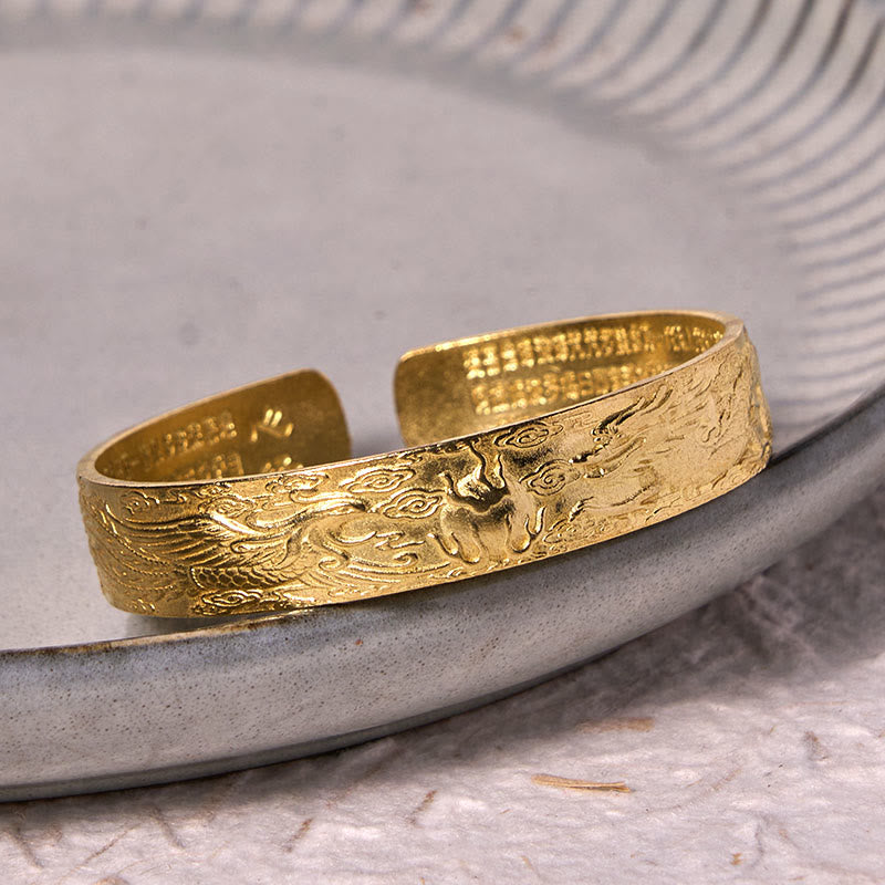 Buddha Stones Dragon And Phoenix Playing With A Pearl Heart Sutra Carved Copper Brass Luck Bracelet Bangle