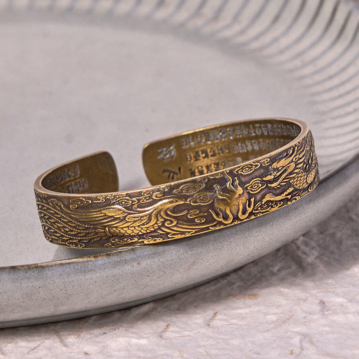 Buddha Stones Dragon And Phoenix Playing With A Pearl Heart Sutra Carved Copper Brass Luck Bracelet Bangle - image 3