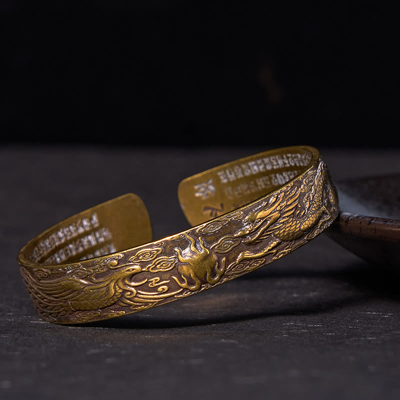 Buddha Stones Dragon And Phoenix Playing With A Pearl Heart Sutra Carved Copper Brass Luck Bracelet Bangle - Vintage(Wrist Circumference: 14-18cm) - image 1