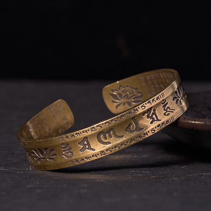 Buddha Stones Six True Words 'om Mani Padme Hum' Heart Sutra Lotus Copper Brass Peace Cuff Bracelet Bangle