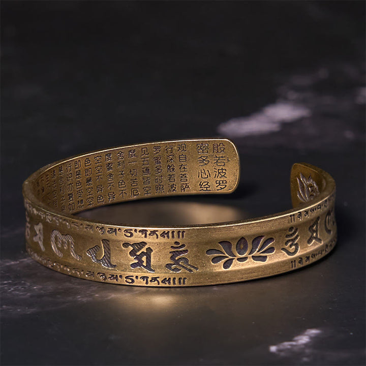 Buddha Stones Six True Words 'om Mani Padme Hum' Heart Sutra Lotus Copper Brass Peace Cuff Bracelet Bangle - image 4