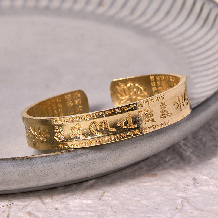 Buddha Stones Six True Words 'om Mani Padme Hum' Heart Sutra Lotus Copper Brass Peace Cuff Bracelet Bangle - image 13