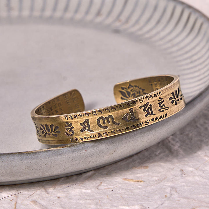 Buddha Stones Six True Words 'om Mani Padme Hum' Heart Sutra Lotus Copper Brass Peace Cuff Bracelet Bangle - image 5