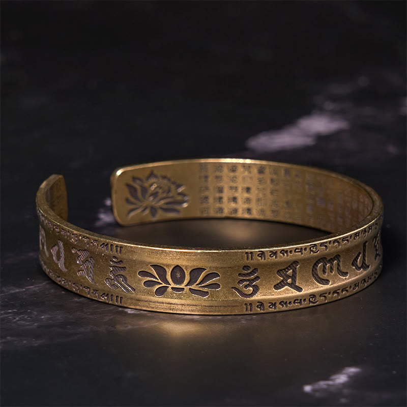 Buddha Stones Six True Words 'om Mani Padme Hum' Heart Sutra Lotus Copper Brass Peace Cuff Bracelet Bangle - image 2