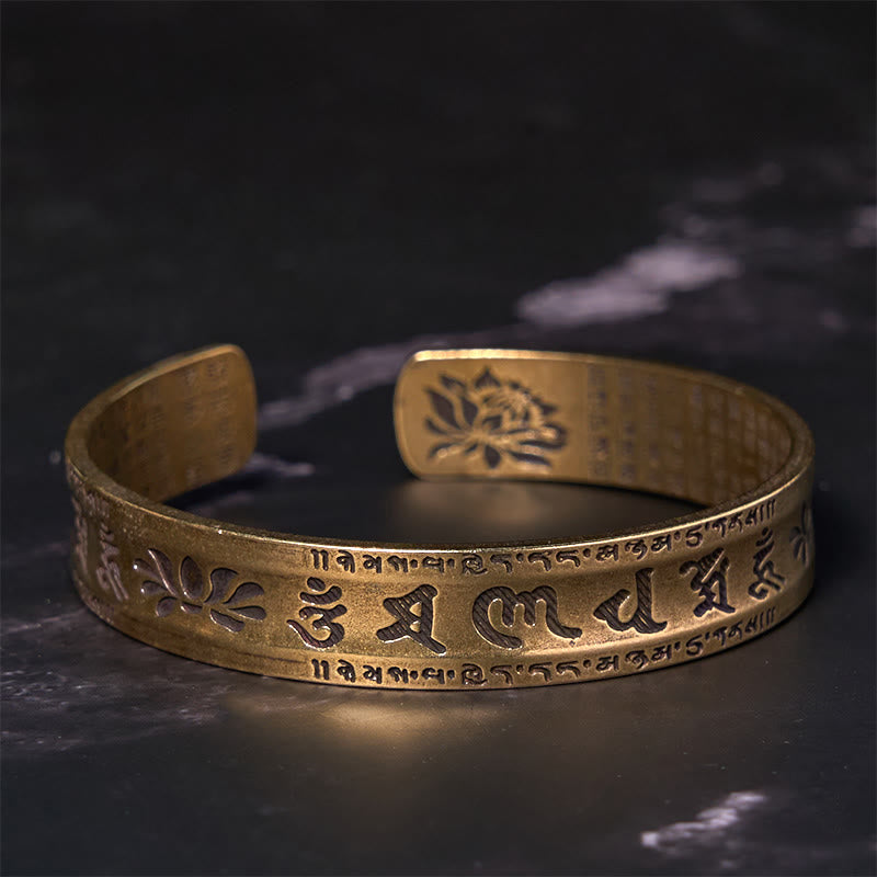 Buddha Stones Six True Words 'om Mani Padme Hum' Heart Sutra Lotus Copper Brass Peace Cuff Bracelet Bangle - image 3