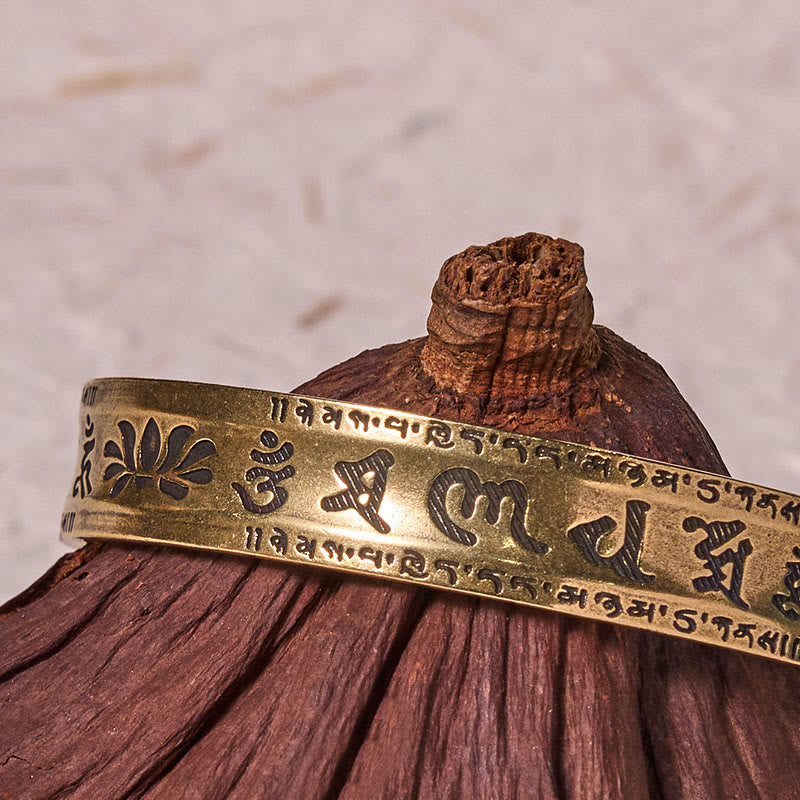 Buddha Stones Six True Words 'om Mani Padme Hum' Heart Sutra Lotus Copper Brass Peace Cuff Bracelet Bangle - image 6