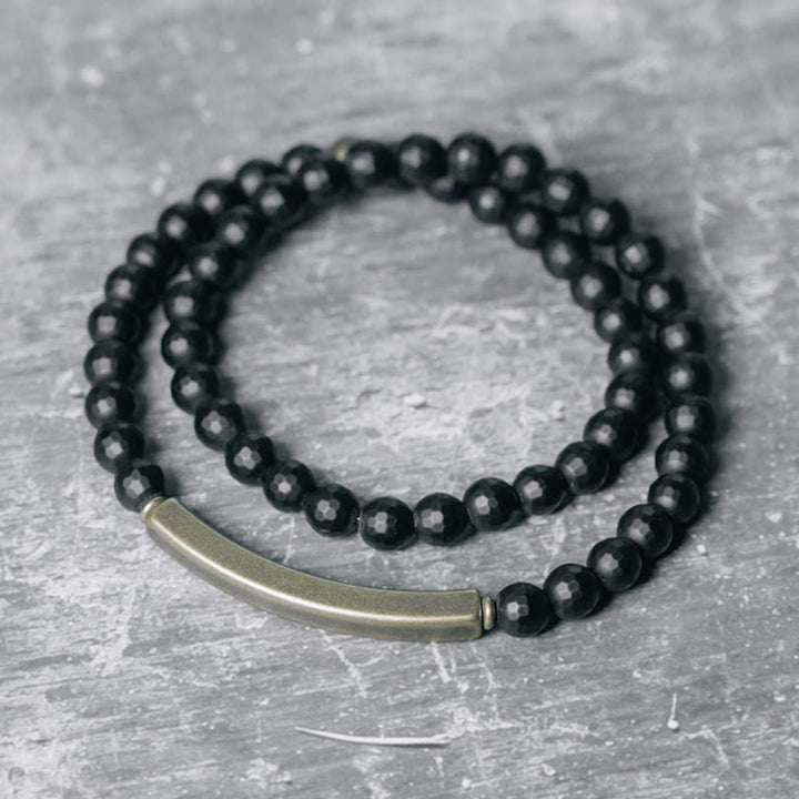 Buddha Stones Frosted Cut Surface Black Onyx Copper Brass Double Wrap Protection Bracelet