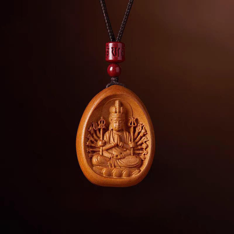 Buddha Stones Peach Wood Cinnabar Om Mani Padme Hum Chinese Zodiac Black String Necklace Pendants