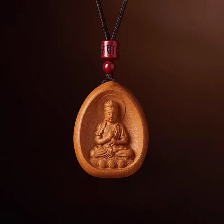 Buddha Stones Peach Wood Cinnabar Om Mani Padme Hum Chinese Zodiac Black String Necklace Pendants - Peach Wood-Goat Monkey - image 18