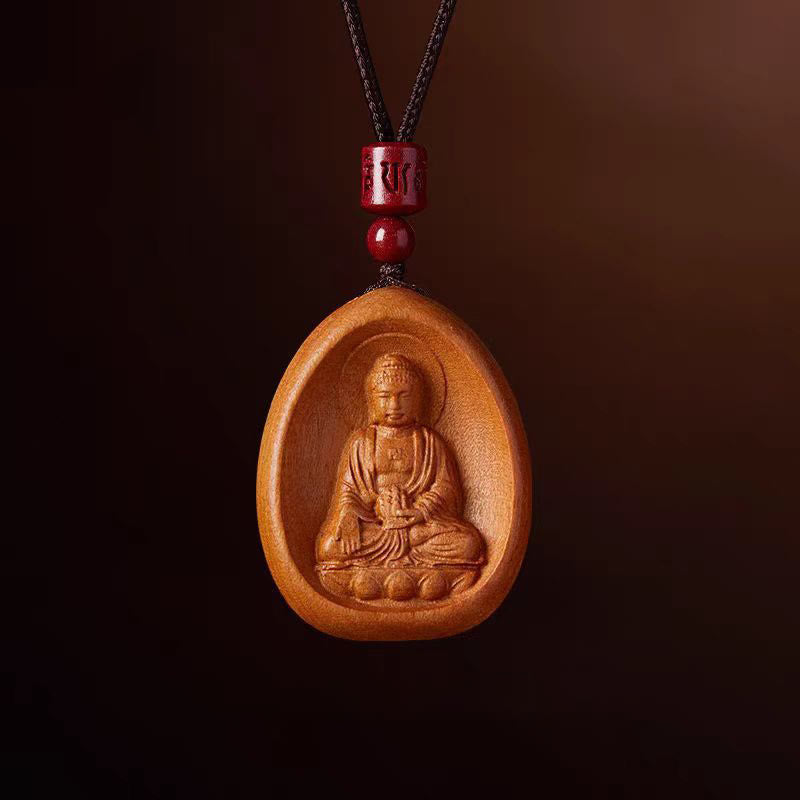 Buddha Stones Peach Wood Cinnabar Om Mani Padme Hum Chinese Zodiac Black String Necklace Pendants - Peach Wood-Dog Pig - image 20