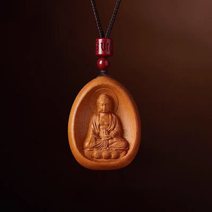 Buddha Stones Peach Wood Cinnabar Om Mani Padme Hum Chinese Zodiac Black String Necklace Pendants