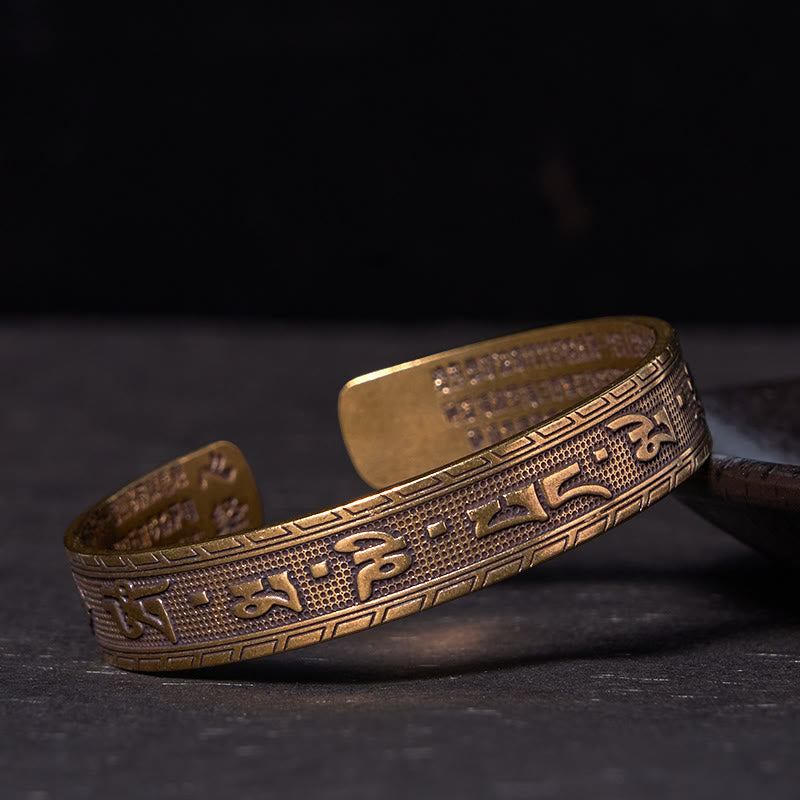 Buddha Stones Six True Words 'om Mani Padme Hum' Heart Sutra Copper Brass Luck Wisdom Bracelet Bangle - Vintage(Wrist Circumference: 14-18cm) - image 1