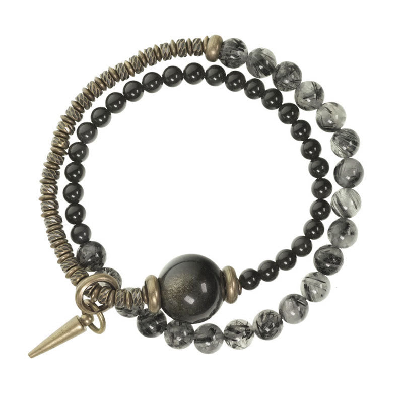 Buddha Stones Gold Sheen Obsidian Black Rutilated Quartz Copper Brass Double Wrap Protection Bracelet