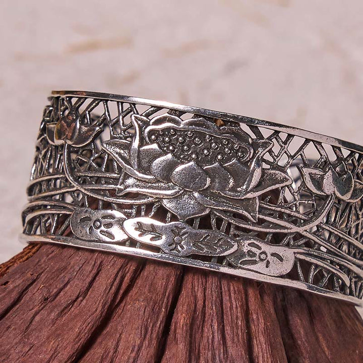 Buddha Stones Hollow Lotus Silver Plated Copper Healing Enlightenment Bracelet Bangle - image 4
