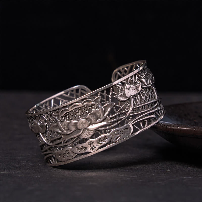 Buddha Stones Hollow Lotus Silver Plated Copper Healing Enlightenment Bracelet Bangle - Silver Plated Copper(Wrist Circumference: 14-17cm) - image 1
