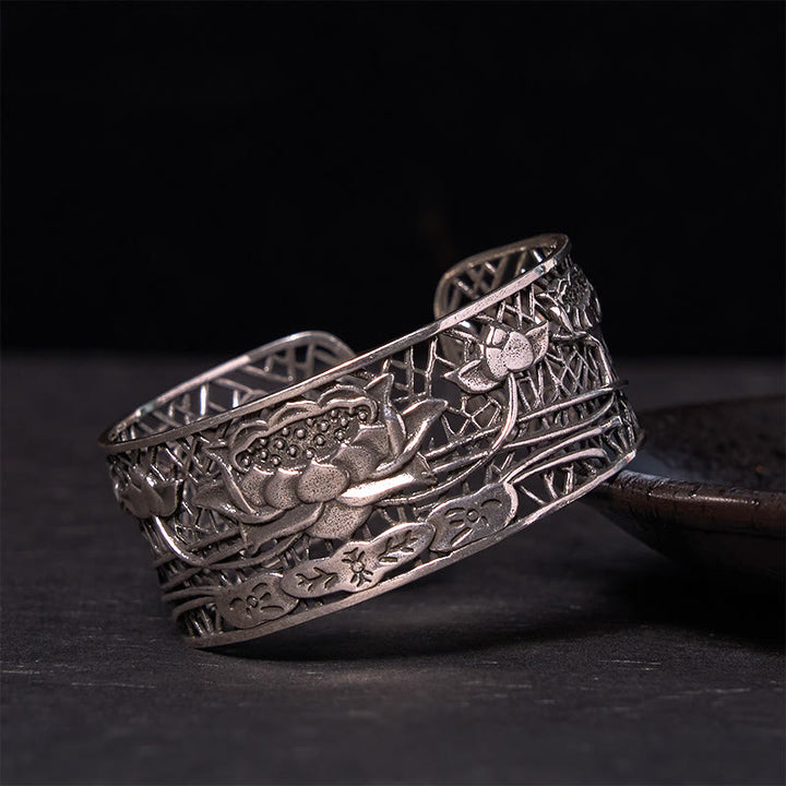 Buddha Stones Hollow Lotus Silver Plated Copper Healing Enlightenment Bracelet Bangle - Silver Plated Copper(Wrist Circumference: 14-17cm) - image 1