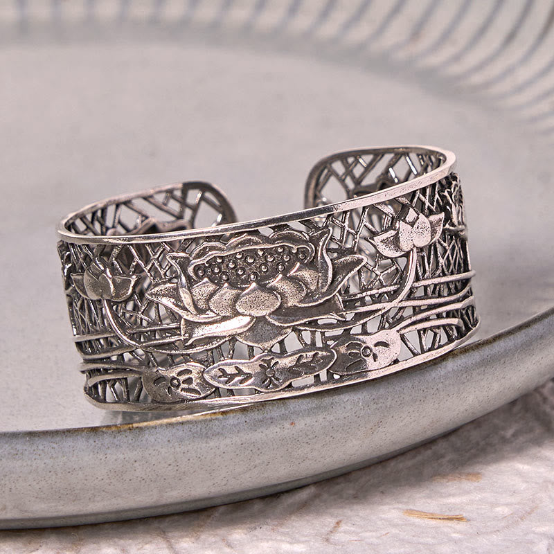 Buddha Stones Hollow Lotus Silver Plated Copper Healing Enlightenment Bracelet Bangle - image 3