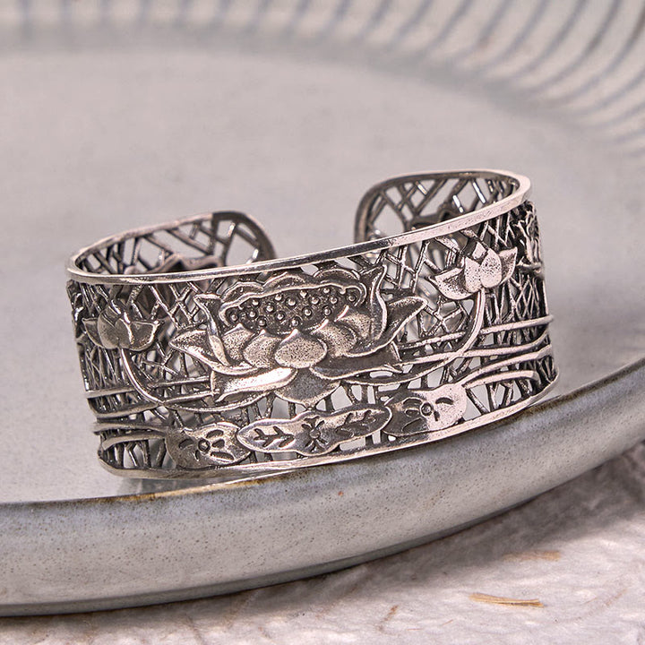 Buddha Stones Hollow Lotus Silver Plated Copper Healing Enlightenment Bracelet Bangle - image 3