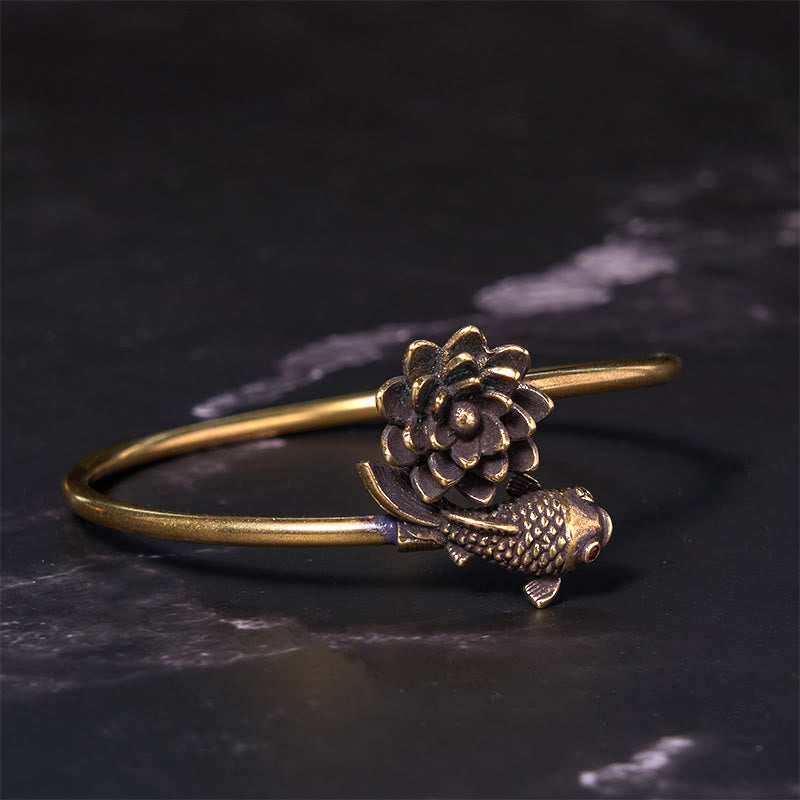 Buddha Stones Lotus Flower Koi Fish Copper Brass Enlightenment Luck Bracelet Bangle - Copper(Wrist Circumference: 14-17cm) - image 1