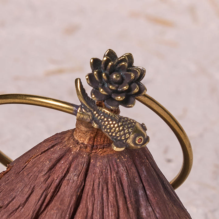 Buddha Stones Lotus Flower Koi Fish Copper Brass Enlightenment Luck Bracelet Bangle - image 3