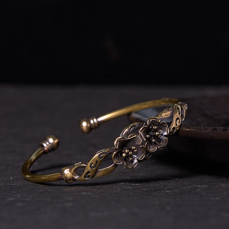 Buddha Stones Flowers Leaves Copper Brass Luck Healing Cuff Bracelet Bangle - Double Flowers(Wrist Circumference: 14-17cm) - image 11
