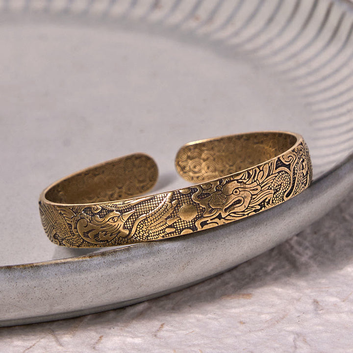 Buddha Stones Dragon And Phoenix Playing With A Pearl Carved Copper Brass Luck Protection Bracelet Bangle - image 3