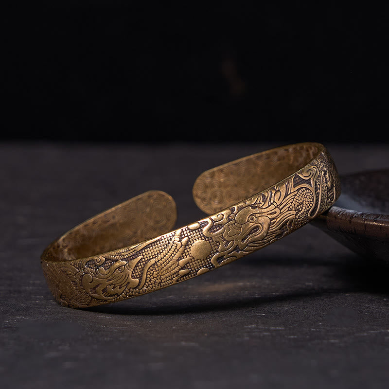 Buddha Stones Dragon And Phoenix Playing With A Pearl Carved Copper Brass Luck Protection Bracelet Bangle - Vintage(Wrist Circumference: 14-17cm) - image 1