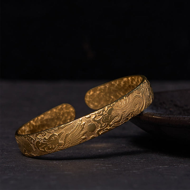 Buddha Stones Dragon And Phoenix Playing With A Pearl Carved Copper Brass Luck Protection Bracelet Bangle - Polished(Wrist Circumference: 14-17cm) - image 8
