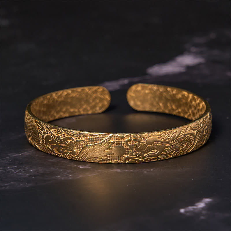 Buddha Stones Dragon And Phoenix Playing With A Pearl Carved Copper Brass Luck Protection Bracelet Bangle - image 9